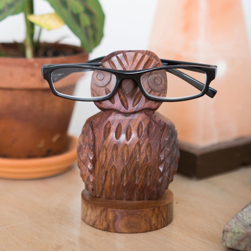 Owl-Shaped Jempinis Wood Eyeglasses Holder from Bali - Wise Owl
